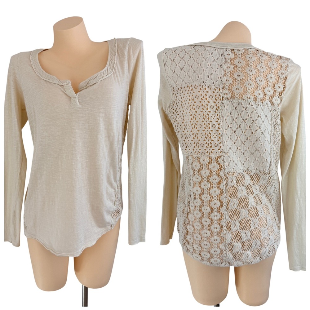 Boho Free People Cream Crochet Patchwork Back Slub Knit Henley Top Size M